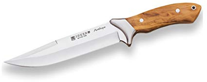 Joker jaktkniv CO02 antílope, bälteskniv med olivträklämma och 19,5 cm rakt blad, brunt läderslida, fiske, jakt, camping och vandringsverktyg.