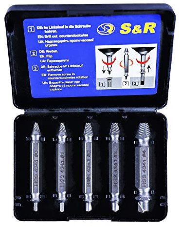 S&R Schraubenausdreher-Set, Linksausdreher Satz 5-teilig | doppelseitige Ausdreher-Bits, Härte HRC 62-63, HSS 4341 (Hochleistungsschnellstahl), in robuster Kunststoff-Box