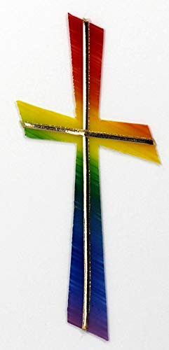 Verziermaterial Wachsmotiv Kreuz regenbogen mit goldfarbigen Wachsstreifen 11 x 5 cm - Wachsornament Kreuz, Wachsdekore für Kerzen - 9684 - zum Kerzen gestalten und basteln.