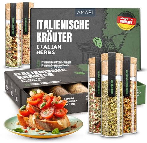 AMARI® Italienische Kräuter Gewürze Set – 5 erlesene Gewürzmischungen Geschenkset – Gewürze Italien Pasta Pizza Grill Gewürzset Grillgewürze grillen Gewürzbox