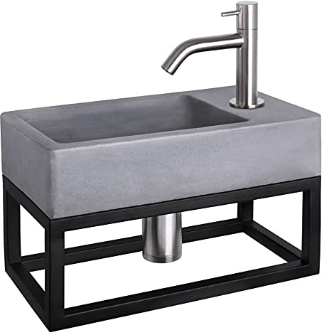 Differnz Force Waschbecken mit Handtuchhalter - Waschtisch Dunkelgrau Beton - Gebogene Armatur Matt Chrom - Komplettset - 40 x 22 x 8 cm