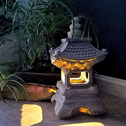 Faypig Style Japonais Solaire Zen Jardin Lumière Sculpture Extérieure Lanterne Solaire Pagode Jardin Lumière Ferme Balcon Villa Sculpture Décoration Créative 6.7 * 14 Pouce Résine Gris