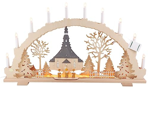 Handgefertigter Schwibbogen aus Birkensperrholz mit Seiffener Kirche Motiv. Aufwendige Airbrush Colorierung und LED Beleuchtung. Traditionelle Erzgebirgische Volkskunst für Fenster, Tisch oder Regal.