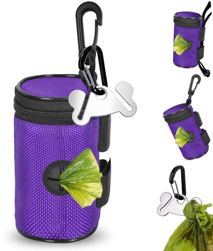 Dog Poop Bag Holder for Leash Attachment - Waste Bag Dispenser for Leash - Fits Any Dog Leash - Portable Set with Hand Free Holder Metal Carrier, Round Shape, Purple