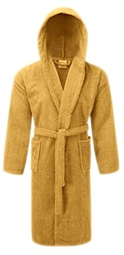 A & B TRADERS Mens Womens Hooded Bathrobe 100% Soft Cotton Terry Towelling Dressing Gown House Coat (Mustard)