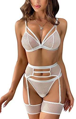 Aranmei Intimo Donne Sexy 4 Pezzi Lingerie Set con Reggicalze e Bretella Strappy Mesh Bra e Mutandine Set Vita Alta Erotico Pizzo Teddy Lingerie, Bianco, L