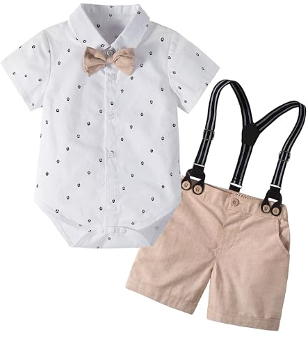 Volunboy Bebé Niño Caballero Conjunto, Camisa de Manga Corta con Pajarita + Corta Pantalón Traje Ropa(Blanco,3-6 meses,Tamaño 59)