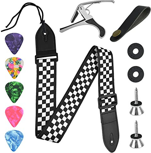 DIKEBAO Gitarrengurt Baumwolle Gitarre Gurt Verstellbarer Gitarrengurt 80-137cm Gitarren Gurtband +Gitarre Halsband+2 Gitarren Gurtpin+Kapodaster+5 Gitarrenplektren für E Gitarre Westerngitarre Bass