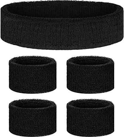 Flintronic 5 st armbandsset, sport svettband män kvinnor, med 1 st sportpannband, mjuk förtjockning för basket gym gymnastik tennisfotboll (svart)