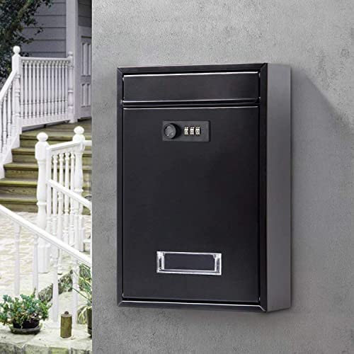 KRASS Wall-Mount Mailboxes With Combination Lock, Lockable Weatherproof Post Box, Compact Galvanised Steel Letter Box,Black,Collector88