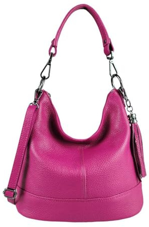 OBC Made in Italy Damen Leder Tasche Umhängetasche Shopper Schultertasche Handtasche Crossbody Hobo Bag Crossover Ledertasche Damentasche Fransen Pink