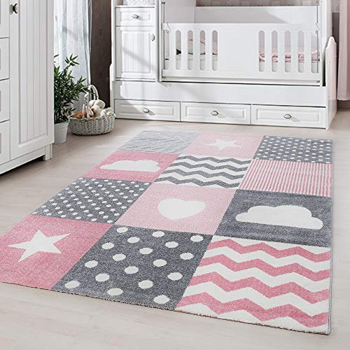Carpetsale24 Runder Kinderteppich Rosa Karos Ø160 cm – Großer Teppich mit liebevollen Details – Hautsympathisch & Kinderfreundlich