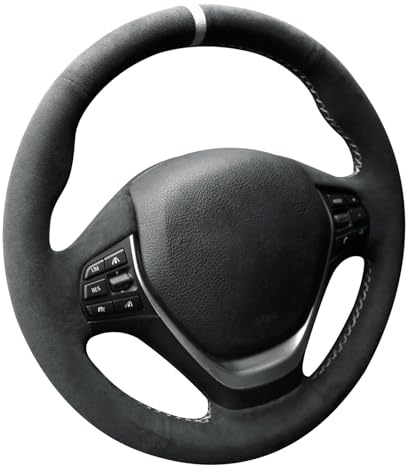 Alfanxi Alcantara Lenkradbezug, handgenäht, kompatibel mit BMW M Sport F20 F21 F22 F23 F30 F31 F32 F33 F34 F36 (weiße Streifen)