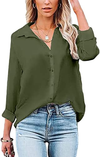 VIGVAN Womens Blouse Casual Long Sleeve Shirt Tops V Neck Button Down Shirts Basic Loose Tunic T Shirts