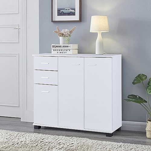 [en.casa] Commode Armoire Basse Buffet Meuble de Rangement Polyvalent pour Entrée Salon Chambre Panneau de Particules 76 x 80 x 28 cm Blanc