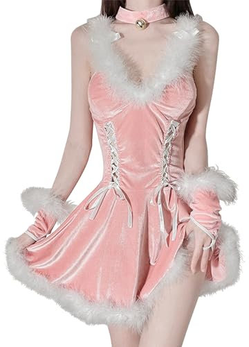 Petalum Damen-Nachthemd, sexy, Dessous, Babydoll, aus Seidensamt, kurzes Pyjama-Kleid, tiefer V-Ausschnitt + elegante Handschuhe ohne Finger + Halsreif mit Glöckchen, Rosa, Einheitsgröße