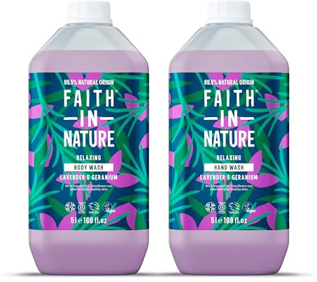 Faith In Nature Natural Lavender & Geranium Hand Wash and Body Wash Set, Vegan & Cruelty Free, No SLS or Parabens, 2 x 5L Pack