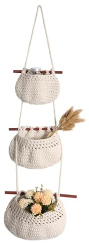 Povxlum 3-Tier Wall Mount Hanging Organiser Baskets Bag, Cotton Rope Woven Storage Solution With Hook, Decorative Back of Door Baskets for Bedroom, Living Room, Bathroom, Nursery