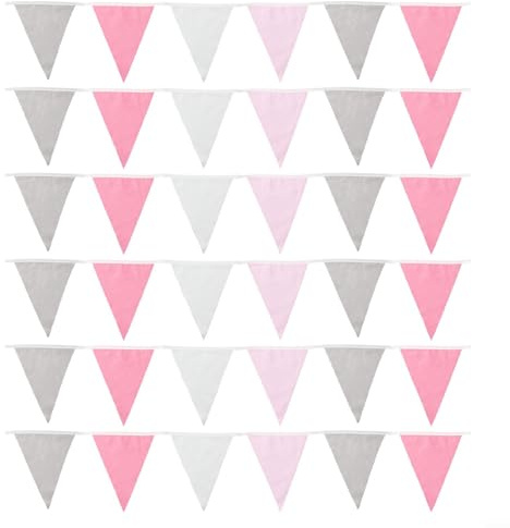 Hasaller Wimpelkette aus Stoff, 10 m lang x 19 x 15 cm, 36 Flaggen, dreieckig, Baumwollstoff, Wimpelkette für Geburtstag, Hochzeit, Babyparty, Party (Rosa, Grau, Weiß)