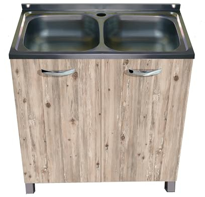 MABEL Mueble bajo fregadero de cocina con nudo organizador de madera ennoblecida con fregadero de apoyo de acero 2 senos – L 80 cm x P 50 cm x H 83,5 cm