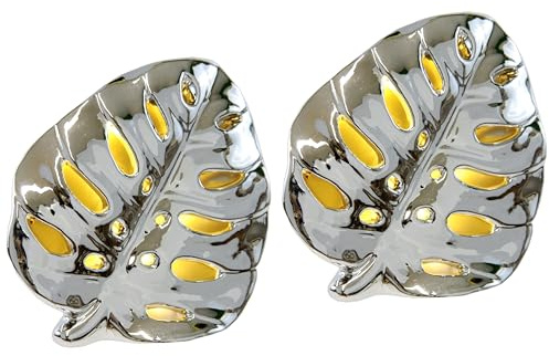 LED-Deko Blatt aus Keramik Deko-Objekt LED-Licht Stimmungsleuchten Statue Skulptur Geschenkidee 2er Set, Silber