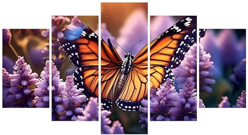 5D Diamond Painting 5 Teilig Groß XXL Blume Schmetterling Diamant Painting Bilder Erwachsene 50x30cm DIY Voll Round Diamond Art Painting, Diamant Malerei Stickerei Kreuzstich Home Wand Dekor E-4265