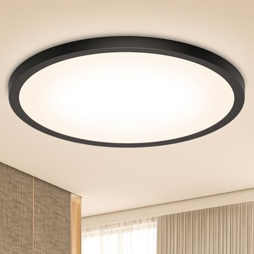 Deckenlampe LED Deckenleuchte Flach Rund -18W Warmweiss Badezimmer 3000K 1600LM IP44 Modern, Led Deckenlampe Schwarz Lampe Badlampe Decke Küchenlampe für Wohnzimmer Keller Flur Küchen 22,3CM UltraDünn