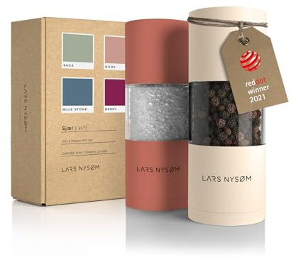 LARS NYSØM Set de moulin à sel et à poivre en acier inoxydable avec broyeur réglable en céramique 2 pièces I Set de moulin à épices manuel (Red/Beige)