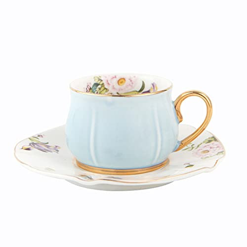 Service à thé, ensemble de tasses à café et soucoupes vertes, ensemble de tasses à thé en porcelaine fleurie, tasse à café vintage avec garniture dorée (Color : Blue)
