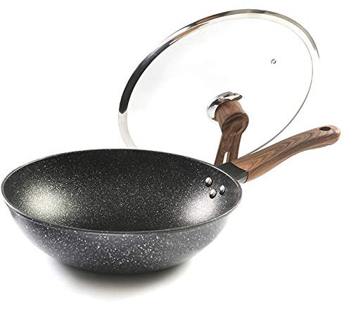 OUZBEM Leicht zu reinigende Pfanne, Pfanne Maifan-Stein-Wok, Antihaft-Pfanne, rauchfrei, für Induktionsherd, Gasherd, 32 cm, Pfannengerichte aus Eisen, Kochtopf, Küchentöpfe Vision
