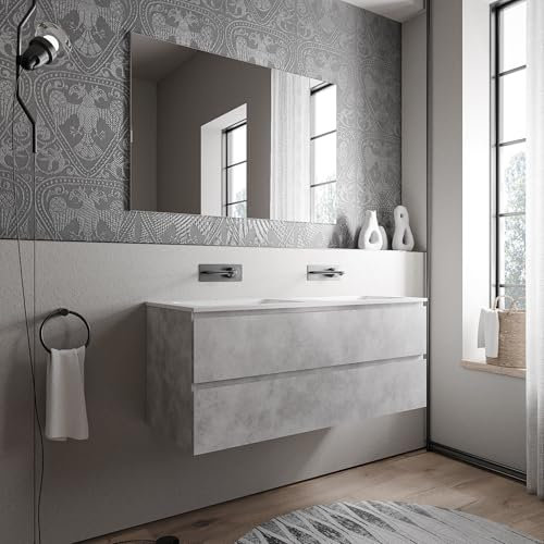 BERNSTEIN Badmöbel-Set AVA 120cm bestehend aus Mineralguss-Doppel-Waschbecken mit Unterschrank in Beton, Waschtisch Cream - Weiß matt ohne Hahnloch, Ideal für große Bäder