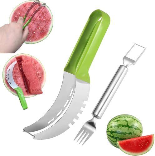 AWAVM - Juego de 2 tazas de sandía, cuchillo de sandía de acero inoxidable, corte rápido de sandía, cortador de cubos fácil 2 en 1 de acero inoxidable multifuncional para la cocina