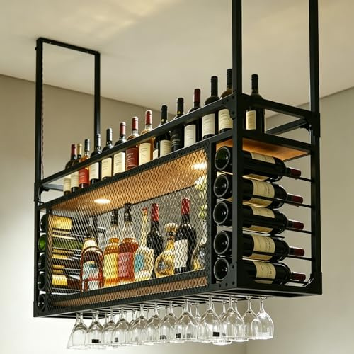 RAJYQODIS 2-Tier LED Light Wine Rack, Wall Mounted & Ceiling Hanging Metal Wine Bottle Holder, Anti-Fall Liquor Bottle & Glass Display Storage Shelf for Home Kitchen Dining Room Bar Hotel (120cm)