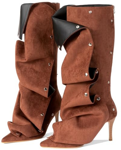 Eusibb Kniehohe Stiefel für Damen, spitzer Zehenbereich, Stiletto-Stiefel, Haifisch-Stiefel, abnehmbare High Heels, umklappbare lange Stiefel, gerüscht, lässig, hoch, Nieten, sexy Stiefel für Damen,
