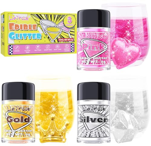 Edible Glitter - 3 Colours Edible Glitter for Drinks, Luster Dust for Cake Decorations, Sprinkles Cocktail Glitter for Christmas, Halloween, Muffins, Chocolate, Fondant - Gold, Silver, Pink