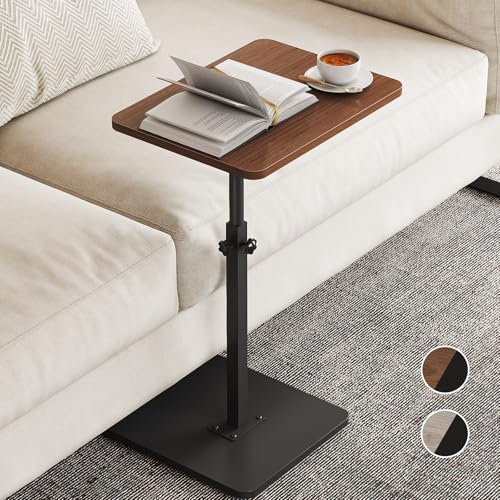 NiHome Minimalist Height Adjustable End Table, 360° Rotatable Sofa Armrest Side Tray Table, Adjustable Legs Space-Saving Couch Bedside Bathtub TV Tray C-Shaped End Table Snack Table for Eating (Brown)