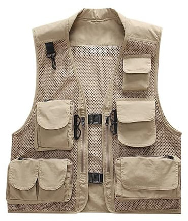Westen Ärmellos Elegant Outdoor Warmer Sport Herren-Angelweste, Utility-Reiseweste mit Taschen, Outdoor-Arbeit, Foto, Cargo-Fliege, Sommerweste Herren Jacken Übergang Lässige Modern (Beige, XXXXL)