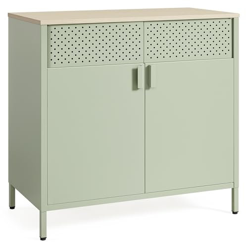 SONGMICS Aufbewahrungsschrank, Metallschrank, mit Doppeltür, Magnetverschluss, Verstellbarer Einlegeboden, Stahlgestell, 40 x 80 x 76 cm, lorbeergrün-natureichenfarben LSC102C01
