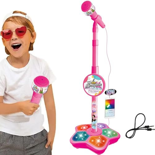 Microphone for Kids, Karaoke Microphone with Stand for Kids, Sing Musical Toy with Flashing Stage Lights, Stand Up Kids Microphone, Girls Party Pastime, Karaoke Machine for Christmas (Pink)