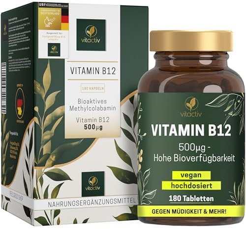 VITACTIV Vitamin B12 Tabletten Hochdosiert - 180 Stk für 180 Tage - Bioaktives Methylcolabamin, Vitamin B12 500µg - Hohe Bioverfügbarkeit, Vegan, kein Magnesiumstearat, Laborgeprüft in Deutschland