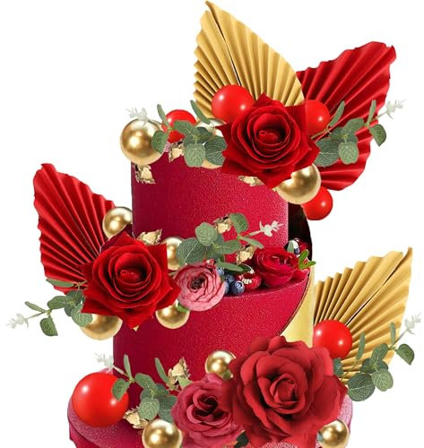Xsstarmi Lot de 30 roses rouges artificielles pour décoration de gâteau, feuilles de ballon, palmier, éventail, décoration de gâteau pour mariage, fête prénuptiale, anniversaire, Saint-Valentin