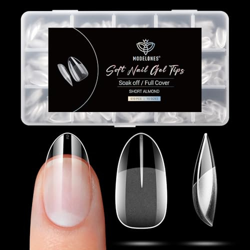 Modelones Nageltips 510 Stück- Full Cover Nail Tips Set,Gel Tips Set, Pre-Buff PMMA Harz Nagelspitzen, Künstliche Nägel Zum Aufkleben Nail Art DIY, Kurze Almond