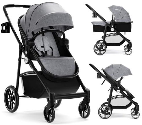 GOPLUS Kinderwagen, Reisebuggy mit Liegefunktion, klappbarer & tragbarer Buggy aus Aluminiumlegierung, Kinderbuggy mit Sonnenschutz & Fußsack & Getränkehalter & Korb, für Baby 6-36 Monate (Grau)