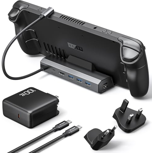 JSAUX 6 in 1 Docking Station con Caricatore 100 W per Steam Deck | HB0603, Dock 6-in-1 con HDMI 4K@120Hz, Ethernet Gigabit, 3 USB-A 3.0 e Ricarica da 100W, Compatibile con Steam Deck OLED