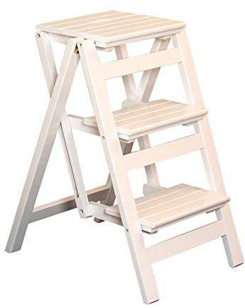 Escabeau pliable en bois massif pour cuisine, bibliothèque, escalade, chaise portable à 3 marches avec étagères multi-usages, blanc