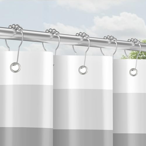 Duschvorhang mit Metall Duschvorhangringe 180x200 cm Schiene Grau, Beschwerter Saum Antischimmel Textil, Wasserabweisend, Waschbar Polyester Badevorhänge Set mit Ösen für Badezimmer, Badewanne