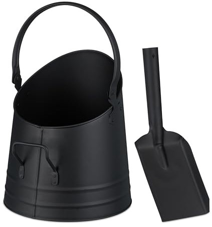 Relaxdays Secchio Raccogli Cenere e Pellet da Ardere, Cestello da 6,5 L con Paletta da Camino, Cestino in Ferro, Nero
