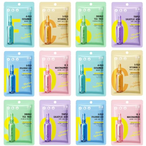 Jorun 12 Pcs Serums Face Sheet Masks Beauty Skincare - Moisturise,Brightens,Shrink Pores Korean Sheet Face Mask Set - Alcohol-Free, Vegan for All Skin Types Hydrating Brightening Face Mask