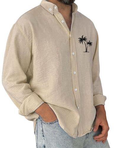 Chemise pour homme en coton et lin à manches longues - Chemise hawaïenne boutonnée - Motif palmier en noix de coco - Chemisier à col, kaki, XL