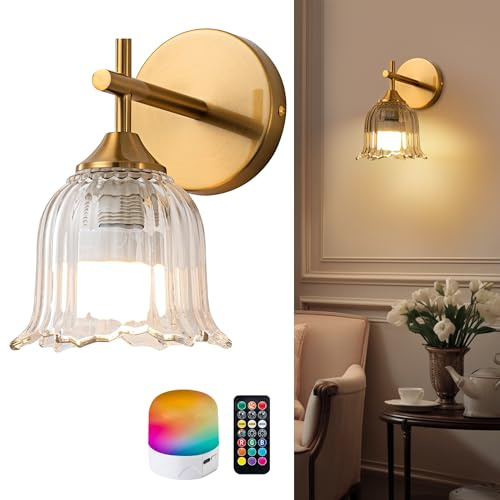 FTL Gold Wandleuchten für Innen Akku, Vintage LED Wandlampe Ohne Stromanschluss, 3 Helligkeitsstufen Wandleuchte Batteriebetrieben mit Fernbedienung für Badezimmer Schlafzimmer Flur Wohnzimmer